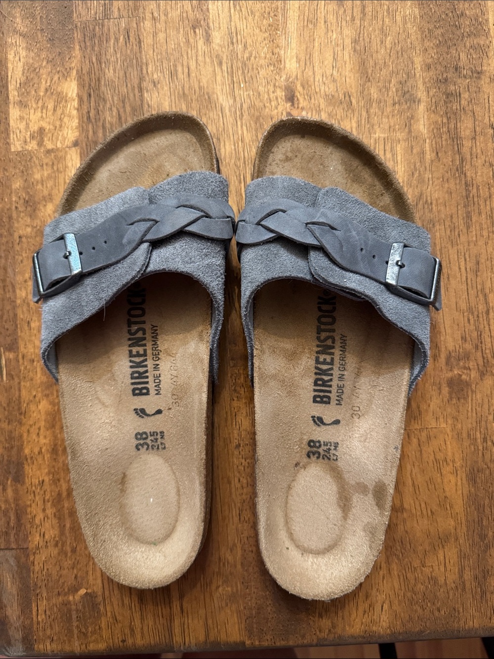 Birkenstock Grey Suede Braided Strap Slide Sandals